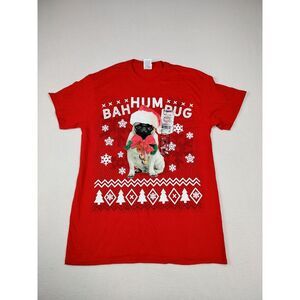 Christmas‎ Shirt Unisex Medium Red Bah Hum Bug Dog Print Holidays Short Sleeves